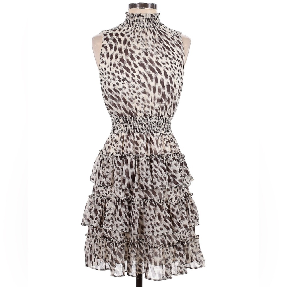 Express Leopard Print Mock Neck Ruched Waist Tiered Mini Dress XS